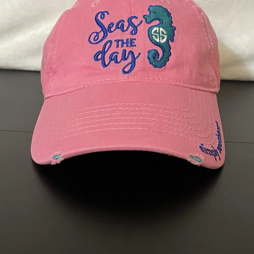 Simply Southern SEAS THE DAY Beach Ocean Embroidered Hat Cap Adjustable Pink